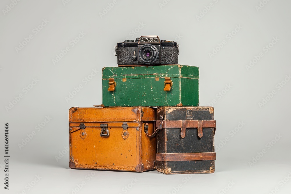 Vintage Camera on Stacked Weathered Wooden Boxes