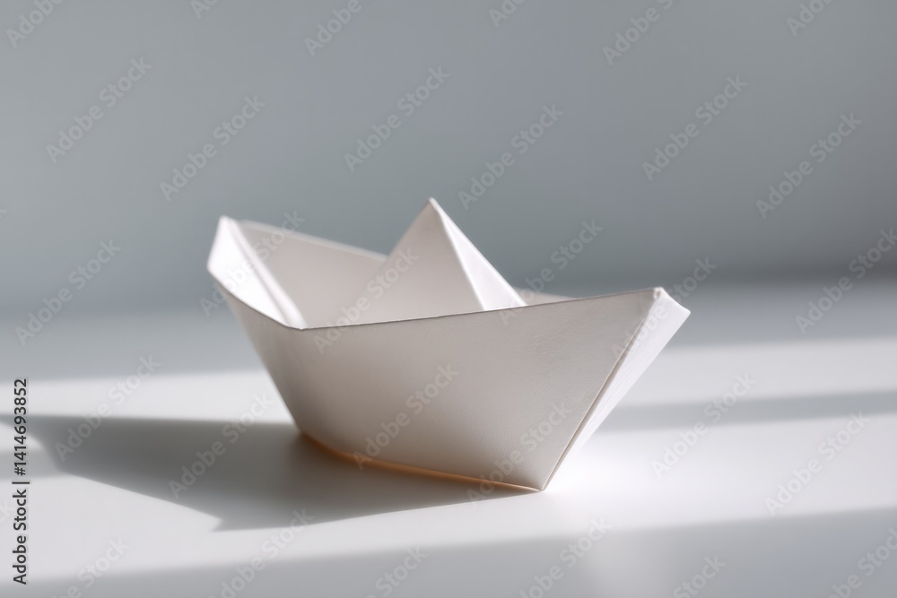 Delicate paper boat rests on surface, casting soft shadows in ge Delicate paper boat rests on surface, casting soft shadows in ge