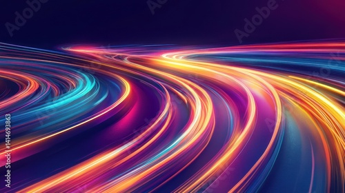 Abstract Illustration of Dynamic Light Trails Across a Dark Space