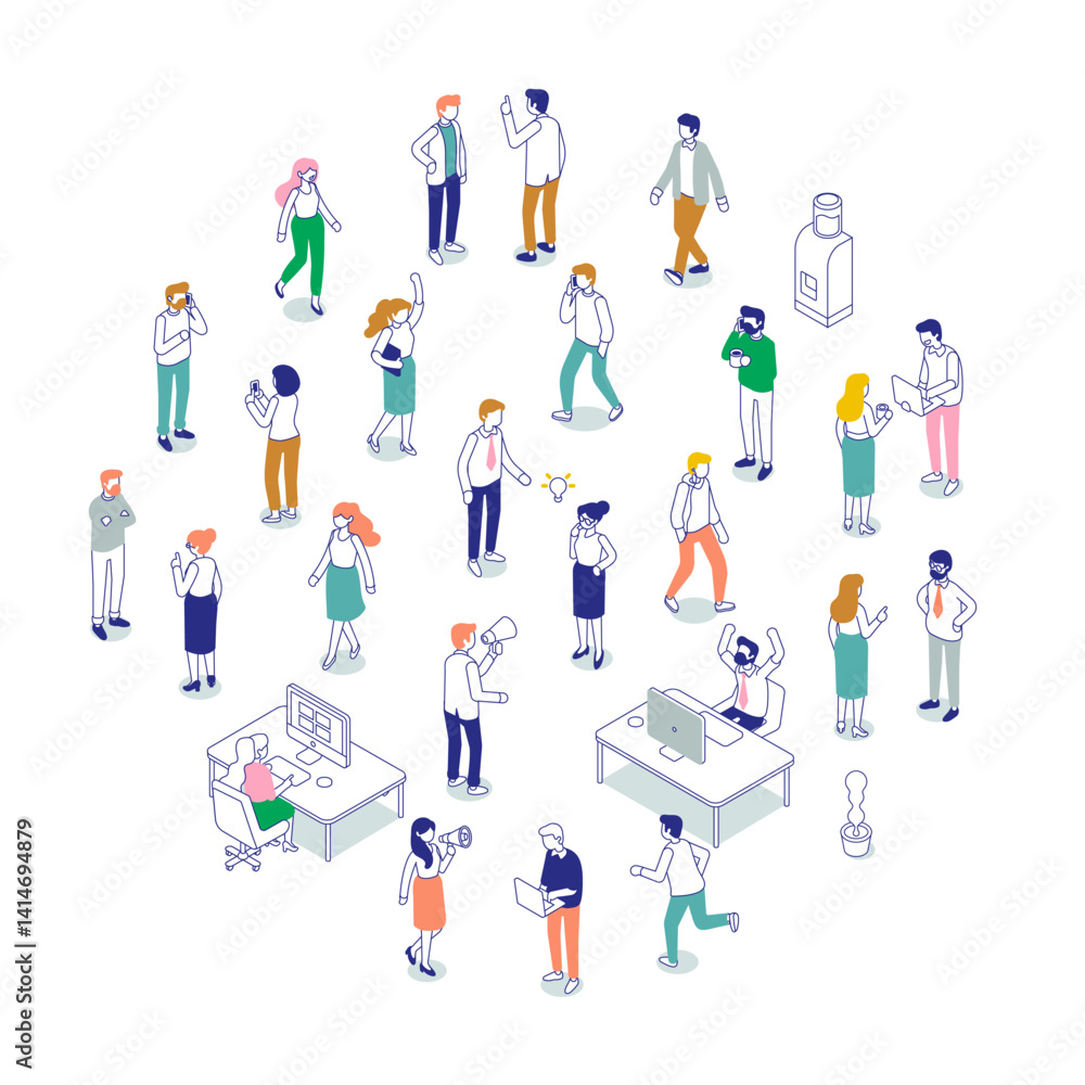 Isometric office workspace with people working together. Coworking. Line art vector isometric business people characters isolated on white background. Isometric office workspace with people working together. Coworking. Line art vector isometric business people characters isolated on white background.