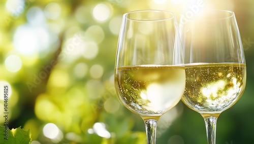 Sparkling white wine glasses outdoors, sunny day