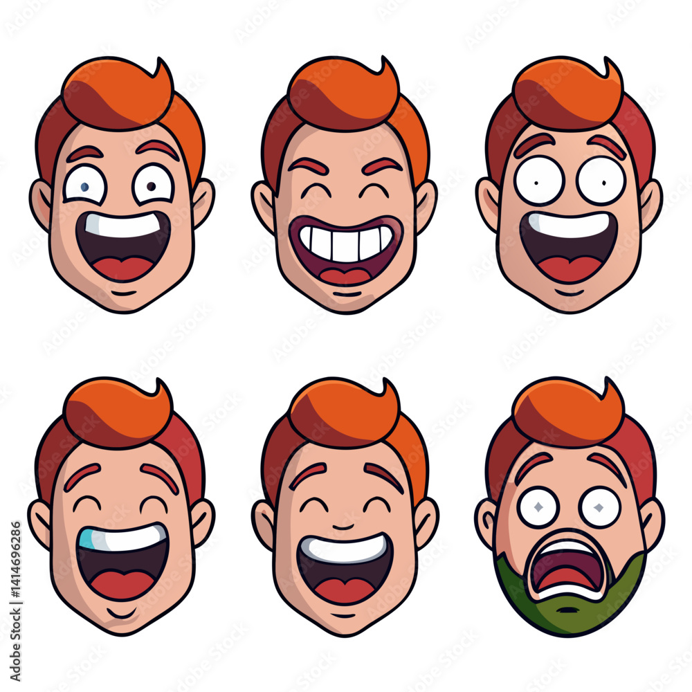 A vibrant collection of six cartoon faces showcasing a range of joyful, surprised, and amused expressions, each with bold outlines and bright coloring. A vibrant collection of six cartoon faces showcasing a range of joyful, surprised, and amused expressions, each with bold outlines and bright coloring.
