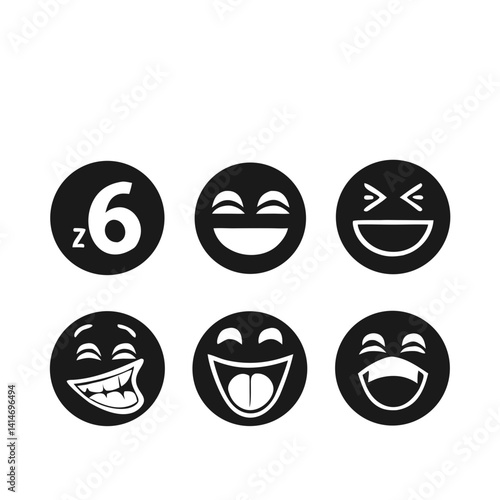 Six joyful, expressive emojis radiating pure, infectious laughter in bold black and white circles against a stark white background.