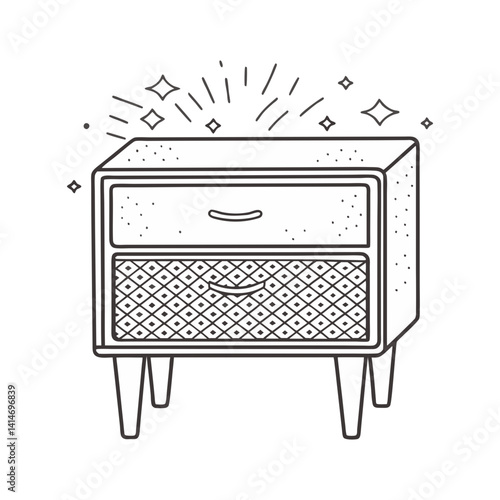 Stylish vector nightstand with patterned drawer in retro modern line art

