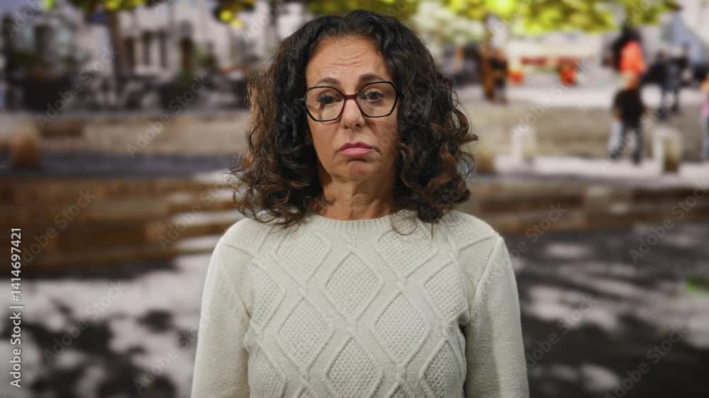 Mature hispanic woman with curly hair looking sad outdoors in a city street. Mature hispanic woman with curly hair looking sad outdoors in a city street.