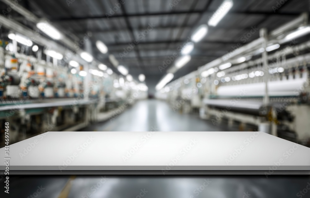 Fototapeta premium Empty White Platform Display in Textile Factory Industrial Setting Mockup
