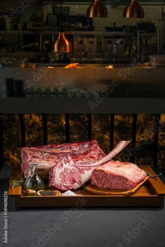 Prime Cuts Raw Steak Display with Rustic Ambiance