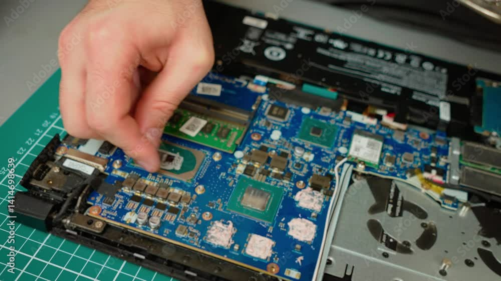 Cleaning old thermal paste from processor chip in laptop motherboard. Removing dried compound from CPU surface for maintenance. Preparing processor by wiping off thermal residue for fresh paste