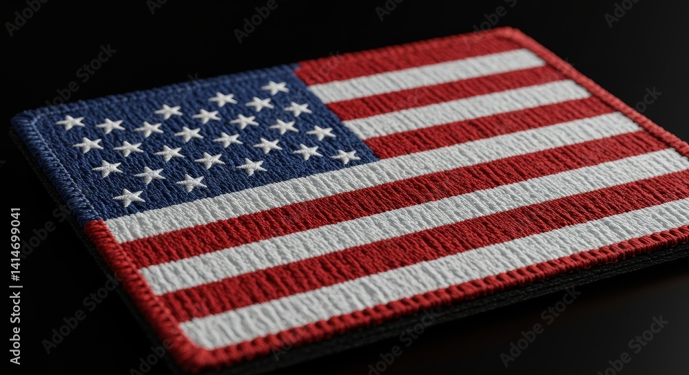 Obraz premium American Flag Patch Detail - Close-up of an embroidered American flag patch on a dark background. Patriotic textile detail