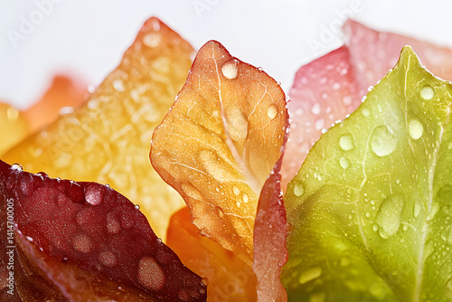 Close-up view of fresh mixed lettuce leaves covered in water droplets on clean white background, captured to showcase natural texture, hydration, and organic vegetable freshness in studio light