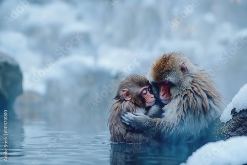 A Japanese macaque family grooming each other in a hot spring during winter, steam rising around their huddled forms