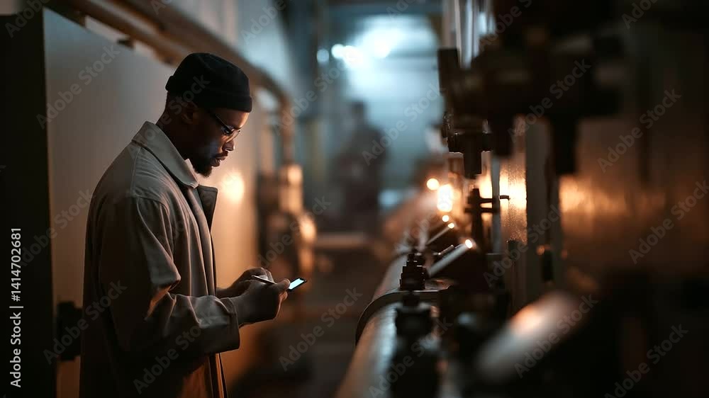 Technician Inspecting Machinery in Coal Plant During Evening Technician Inspecting Machinery in Coal Plant During Evening