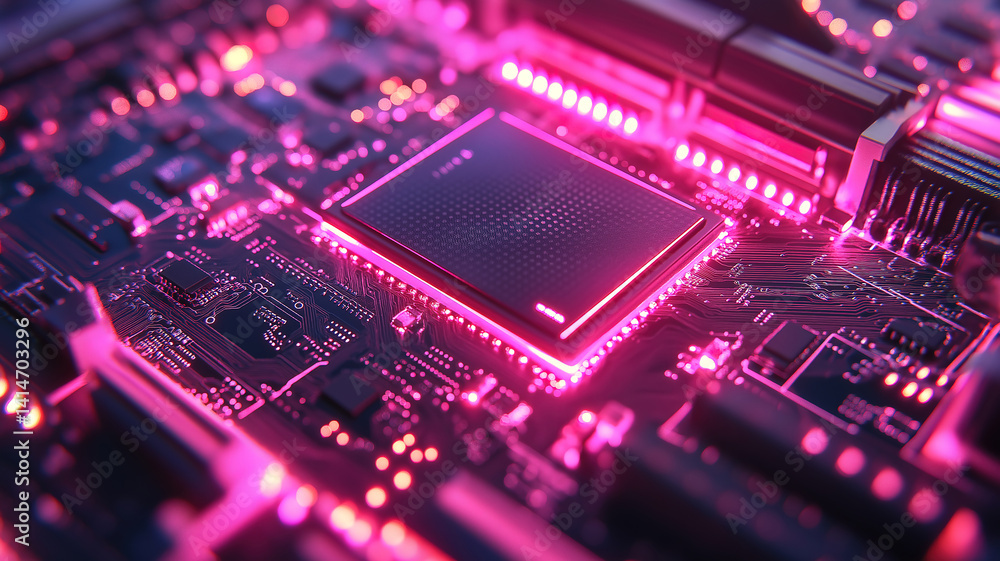 High-tech circuit board with a CPU and glowing lights illustrating data processing in a modern setup High-tech circuit board with a CPU and glowing lights illustrating data processing in a modern setup