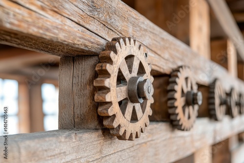 Weathered Wooden Gears and Beams Close Up