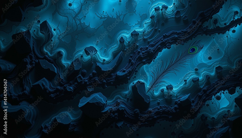Fototapeta premium Obsidian fragments float in blue resin, interwoven with peacock feathers, lit by glowing mushrooms.