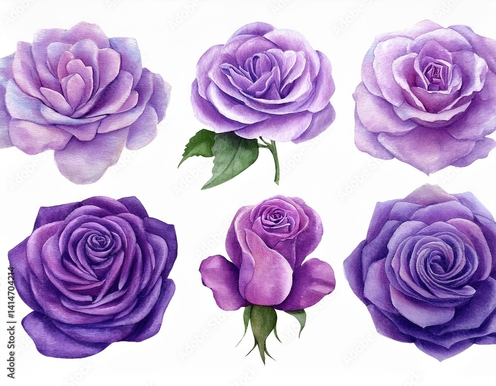 Fototapeta premium flowers,rose,roses,purple,watercolor,floral,bloom,nature,botanical,petals,blossom,beautiful,garden,decoration,plant,romantic,elegant,violet,art,illustration,design,isolated,white,background,pretty,nat