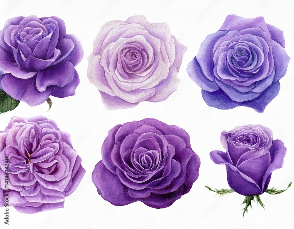 Fototapeta premium flowers,rose,roses,purple,watercolor,floral,bloom,nature,botanical,petals,blossom,beautiful,garden,decoration,plant,romantic,elegant,violet,art,illustration,design,isolated,white,background,pretty,nat