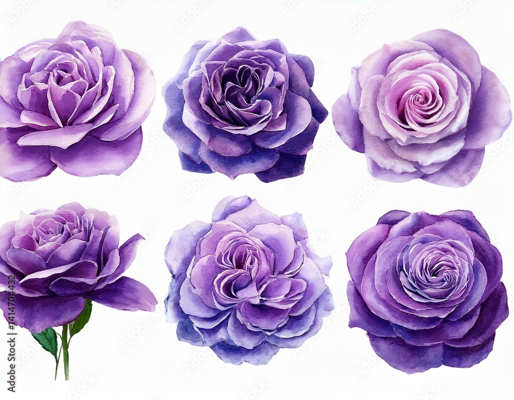 Fototapeta premium flowers,rose,roses,purple,watercolor,floral,bloom,nature,botanical,petals,blossom,beautiful,garden,decoration,plant,romantic,elegant,violet,art,illustration,design,isolated,white,background,pretty,nat