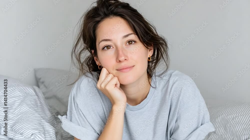 Serene Contemplation: A Portrait of a relaxed Woman basking in the tranquility of a moment, resting a chin in thought with a gentle smile. Serene Contemplation: A Portrait of a relaxed Woman basking in the tranquility of a moment, resting a chin in thought with a gentle smile.