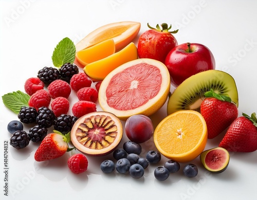 Wallpaper Mural  Set of different cut fresh fruits and berries on white background Torontodigital.ca