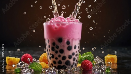 Boba bubble tea, tapoica pearls. pink boba drink. Capture dramatic  splash. Creative Dynamic compotition vary angle. Macro Food photography, taken by very high tech expensive camera. .