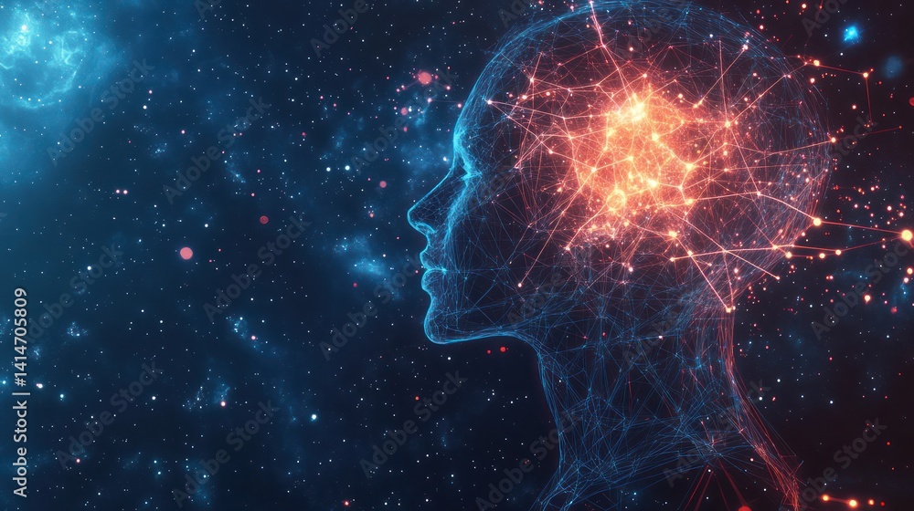 A human profile and a galaxy of interconnected neural networks A human profile and a galaxy of interconnected neural networks