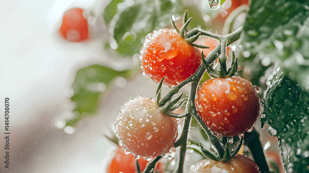 Close-up macro photo of fresh tomatoes on vine covered in dew, set against white background to highlight natural texture, garden freshness, and peak ripeness in clean studio environment