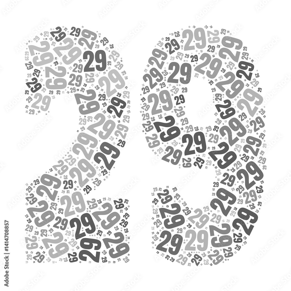 Grayscale word cloud forming the number 29, with repeated text in various sizes Grayscale word cloud forming the number 29, with repeated text in various sizes