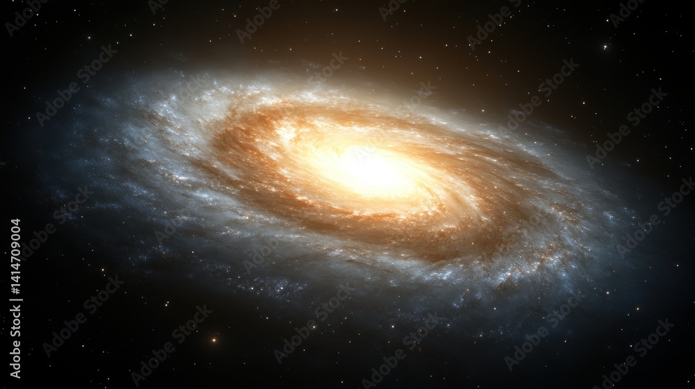 Naklejka premium Majestic spiral galaxy in deep space with glowing core and swirling arms cosmic wonder astronomical scene celestial beauty dark background