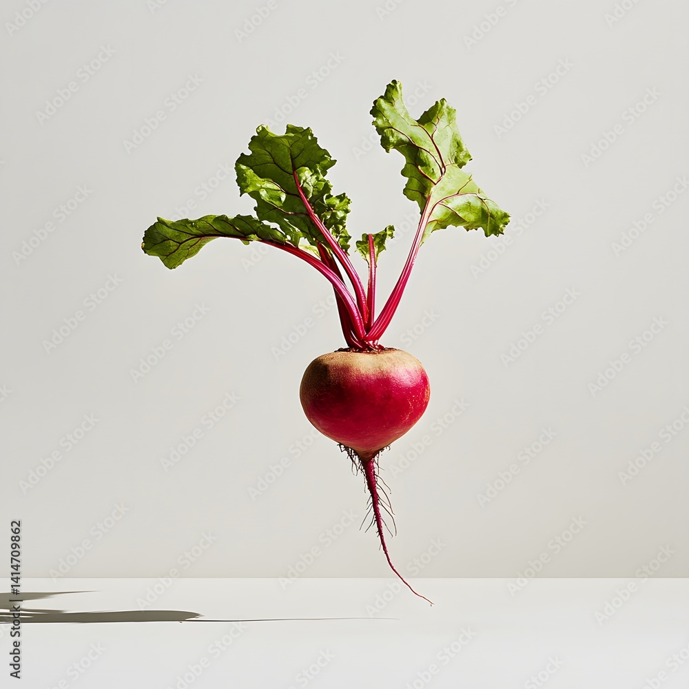 Studio image of single beetroot with long leafy greens floating mid-air on white background, capturing organic freshness, garden harvest, and minimalist farm-to-table vegetable presentation