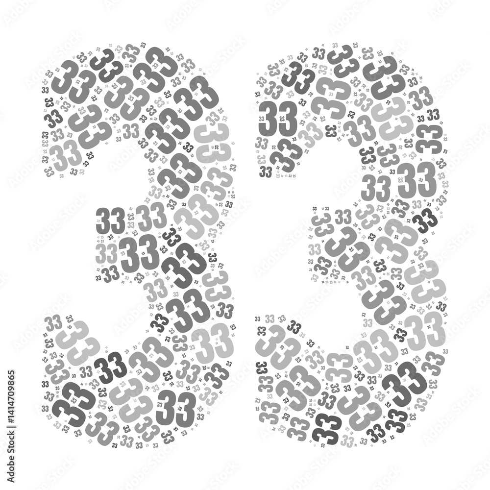 Grayscale word cloud forming the number 33, with repeated text in various sizes Grayscale word cloud forming the number 33, with repeated text in various sizes
