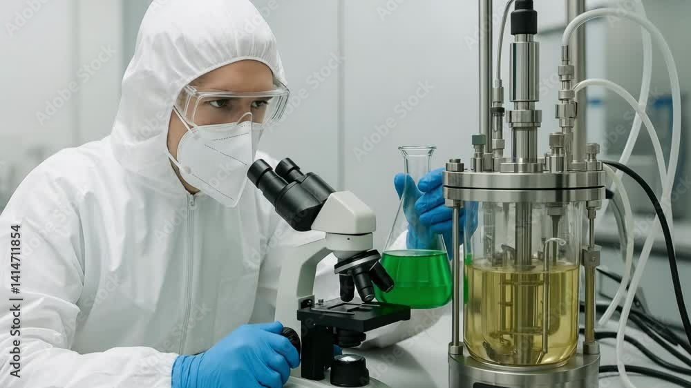Scientist Examines: A scientist in protective gear meticulously examines samples under a microscope in a cutting-edge laboratory setting, embodying the essence of scientific inquiry and progress. Scientist Examines: A scientist in protective gear meticulously examines samples under a microscope in a cutting-edge laboratory setting, embodying the essence of scientific inquiry and progress.