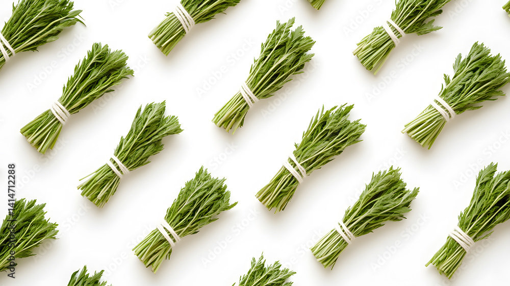 Overhead photo of fresh green herb bundles tied with string and arranged neatly on clean white background, showing natural textures, garden harvest culinary preparation in minimal studio style