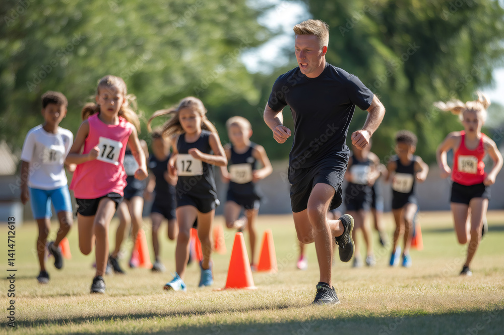 Coach timing a group of children running energetically on a lush grass field during an engaging training session focused on fitness Coach timing a group of children running energetically on a lush grass field during an engaging training session focused on fitness