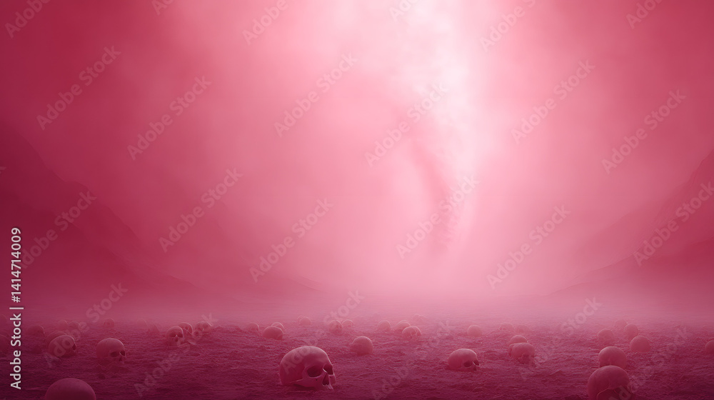 A vast red desert scattered with human skulls, partially buried in the sand, creating an eerie and haunting atmosphere.