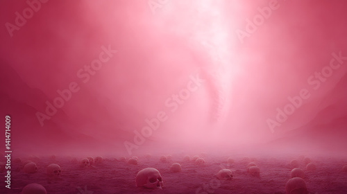 Obraz na płótnie A vast red desert scattered with human skulls, partially buried in the sand, creating an eerie and haunting atmosphere.
w salonie