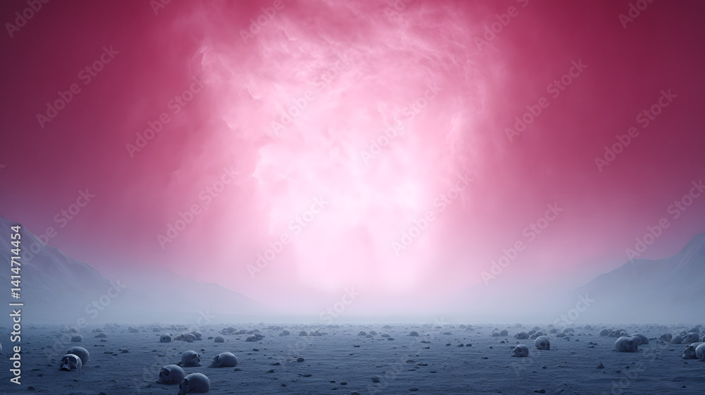 A vast red desert scattered with human skulls, partially buried in the sand, creating an eerie and haunting atmosphere.
