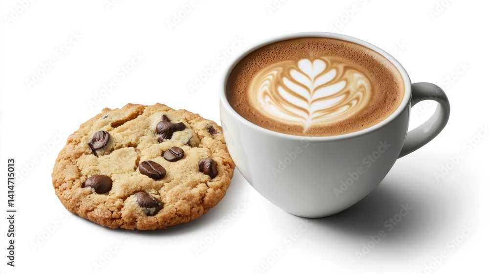 A delicious chocolate chip cookie paired perfectly with a cup of latte. This delightful duo brings joy and warmth to every moment of your day. Generative AI
