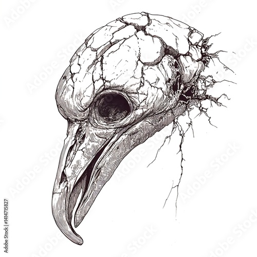 Weathered Avian Skull A Crumbled Relic of the Past, Etched in Time with Fractured Beauty