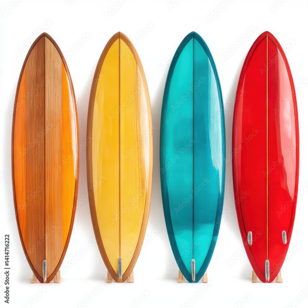 Four surfboards aligned on display on white background Four surfboards aligned on display on white background