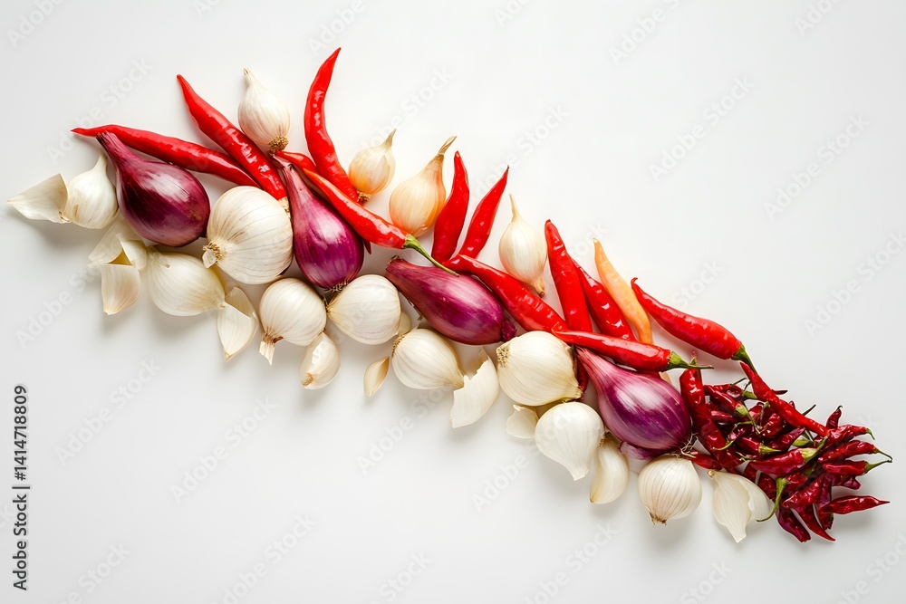 Triangular arrangement of fresh garlic bulbs, red chili peppers, onions on clean white background, shot in soft light to emphasize natural texture and vibrant food tones for culinary themes