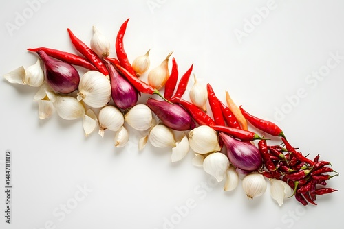 Obraz na płótnie Triangular arrangement of fresh garlic bulbs, red chili peppers, onions on clean white background, shot in soft light to emphasize natural texture and vibrant food tones for culinary themes w salonie