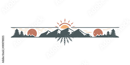 Sunset behind mountains and pine trees