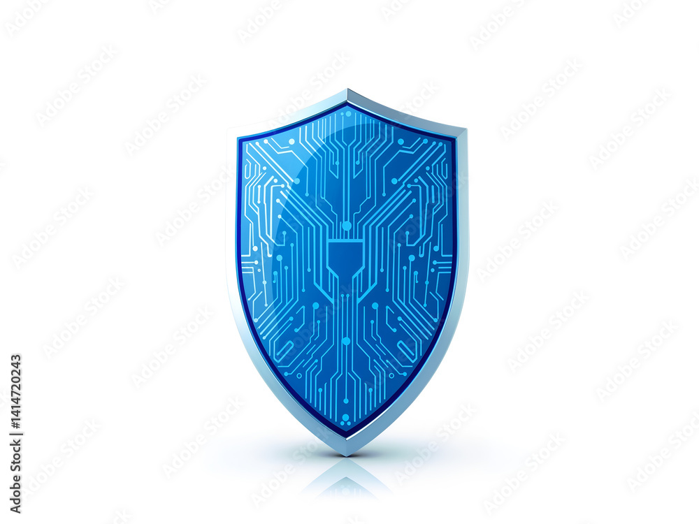Blue circuit shield symbolizing digital protection and cybersecurity concept. Generative AI