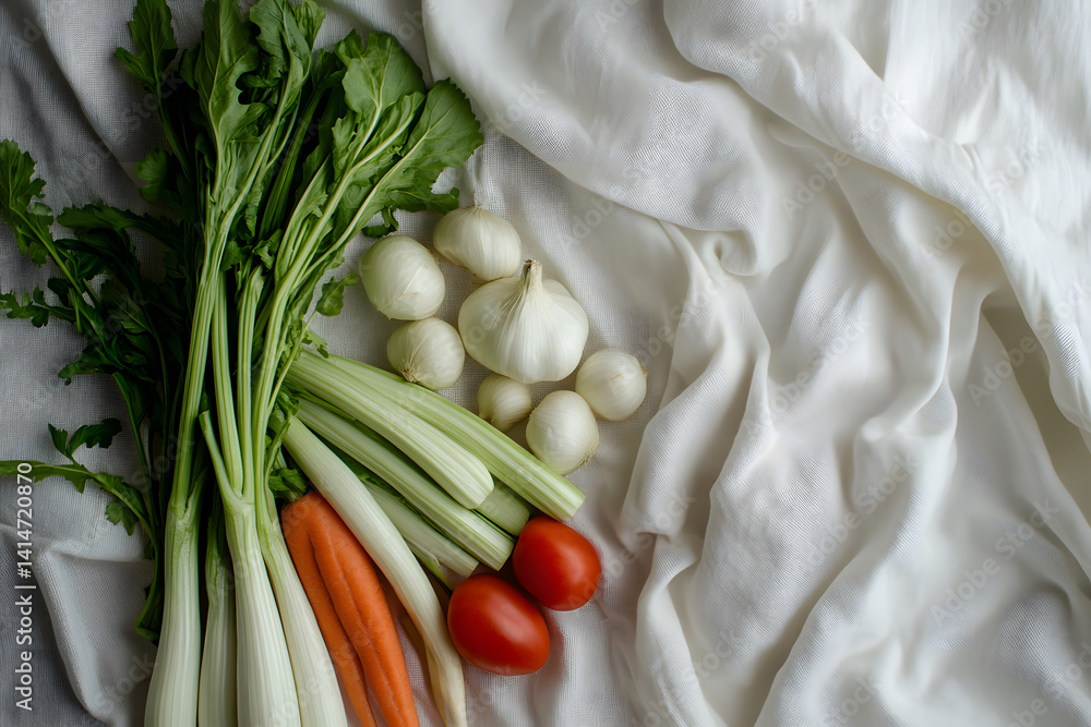 Flat-lay arrangement of freshly cleaned vegetables including garlic, onion, chili, and carrot placed on soft white cloth with natural light, ideal for kitchen prep, rustic food, farm freshness