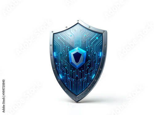Blue circuit shield symbolizing digital protection and cybersecurity concept. Generative AI