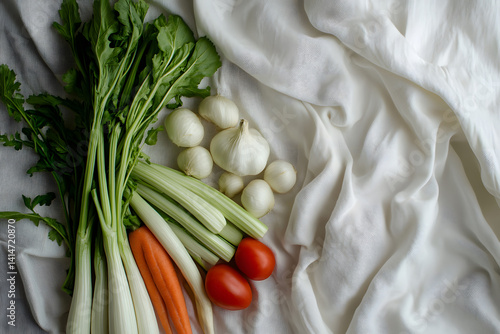 Obraz na płótnie Flat-lay arrangement of freshly cleaned vegetables including garlic, onion, chili, and carrot placed on soft white cloth with natural light, ideal for kitchen prep, rustic food, farm freshness w salonie