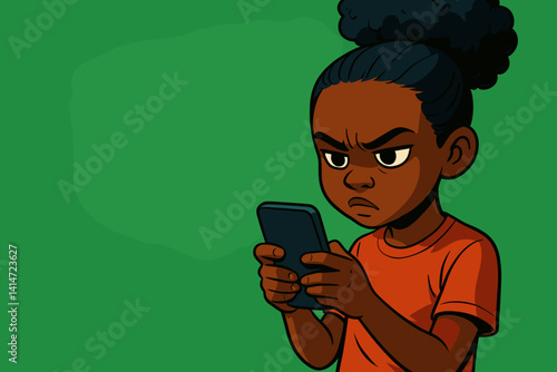 Child expressing frustration while using a smartphone on a green background  
