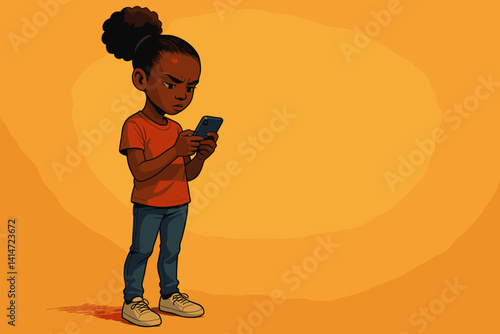 Girl focused on smartphone against bright orange background - Зависимость от гаджетов  
