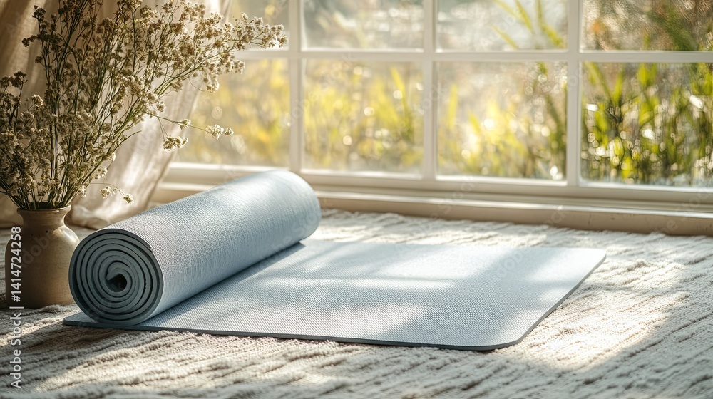 Serene Yoga Mat and Flowers by Window Serene Yoga Mat and Flowers by Window